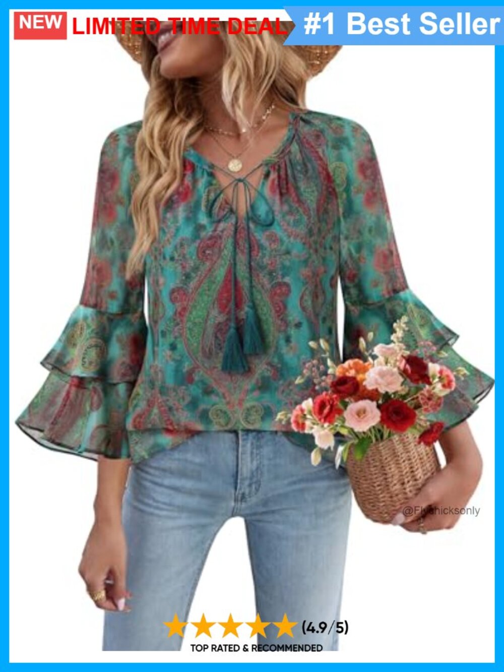 Floral Chiffon Blouse Ruffle 3/4 Sleeve V-Neck Tassel Tie Boho Top